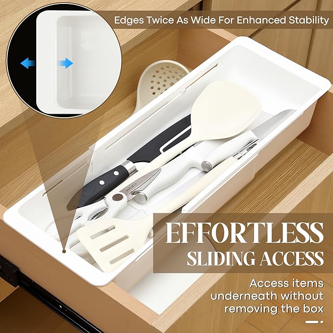 2 Pack Deep Drawer Organizer Bins, Sliding Drawer Organizer Bin Expandable and Adjustable Tray for Kitchen Utensils, BBQ Tools, Towels, Durable Plastic Sliding for Easy Storage(17.4-27.6")