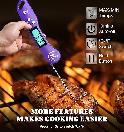 DOQAUS Digital Meat Thermometer, Instant Read Food Thermometer for Cooking with Backlit & Auto-Rotating Display, 4.6” Probe for Grilling, Baking, and Perfect BBQ - Purple