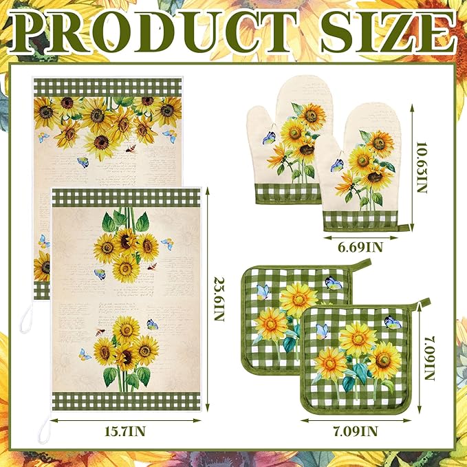 Leinuosen 6 Novelty Sunflower Kitchen Towels Kitchen Decor and Accessories Set Floral Plant Oven Mitts and Pot Holders Sets Farmhouse Absorbent Dish Towels for Cooking Baking Grilling