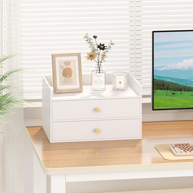 Bamboo Desk Organizer with Drawers Wooden Desktop Storage Drawers for Bills Office Supplies Kitchen Utensils Organizing Tool for Home Classroom Organization No Assembly (White, 2 Drawers)