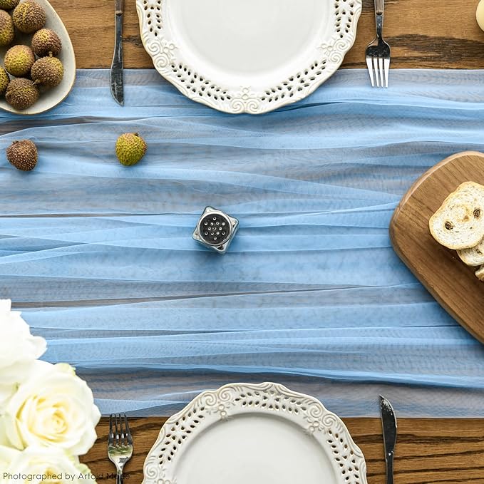 Artoid Mode 3PCS Dusty Blue Gauze Table Runner 120 Inch 10FT, Seasonal Sheer Kitchen Dining Holiday Wedding Birthday Baby Shower Table Decor for Home Party