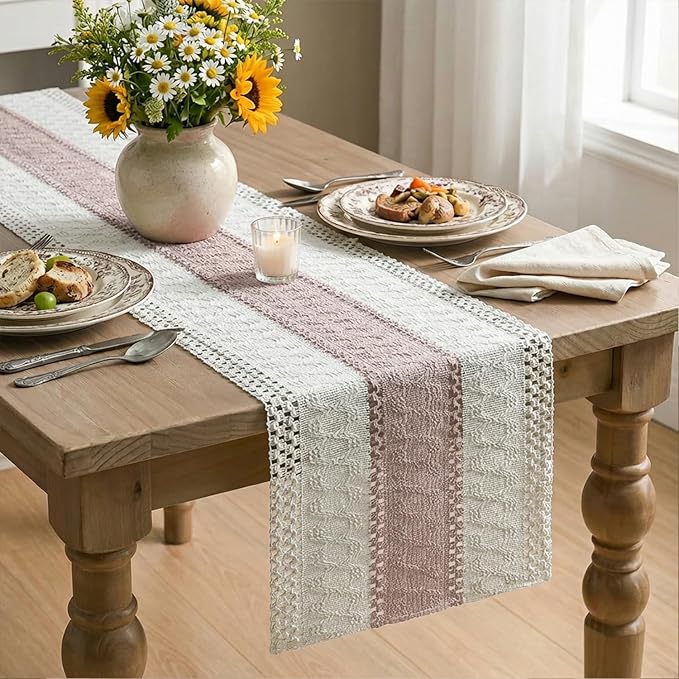 Artoid Mode Pink Farmhouse Rustic Table Runner, Seasonal Holiday Hollow Kitchen Dining Table Decoration for Home Party Decor 12x108 Inch