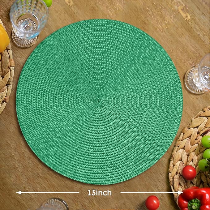 FunWheat Round Braided Placemats Set of 4 Table Mats for Dining Tables Woven Washable Non-Slip Place mats 15 inch(Holly Green, 4pcs)