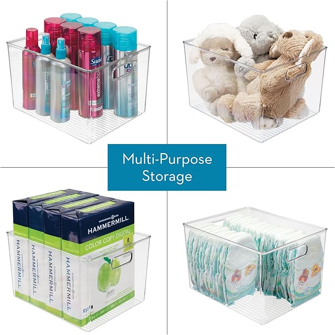 Linus Multi-Purpose Storage Bin with Handles for Kitchen, Pantry, Cabinet, Nursery, Crafts - 12" x 10" x 8", Clear