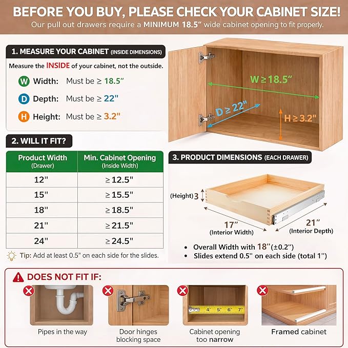 Menkxi 2 Set Wooden Pull out Cabinet Organizer Fully Assembled Slide out Pantry Drawer with Gentle Close Storage Shelf Tray for Base Kitchen Under Sink Bathroom Accessory(Wood Color,18'' X 21'' X 3'')
