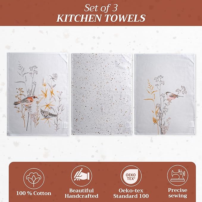 Maison d' Hermine Kitchen Towels Set of 3 100% Cotton 27.50" x 20" Reusable Cloth Dish Towels Absorbent with Hanging Loop for Kitchen Gifts for Mothers Day Spring/Summer (Meadow Florals - Beige)
