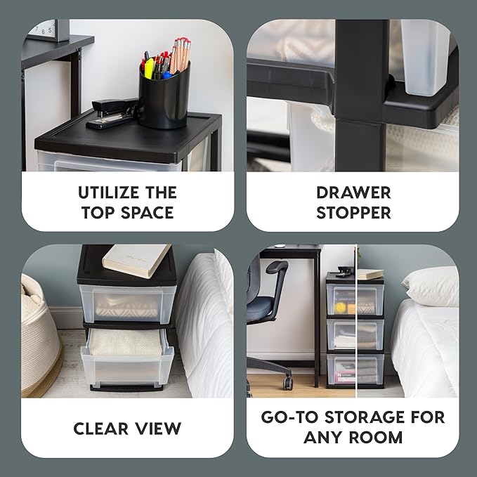 IRIS USA Plastic Drawer Storage Organizer, 3-Drawers, 2-Pack, for Classroom Art Craft Supplies, Bathroom Bedroom, Laundry Room, Black/Clear
