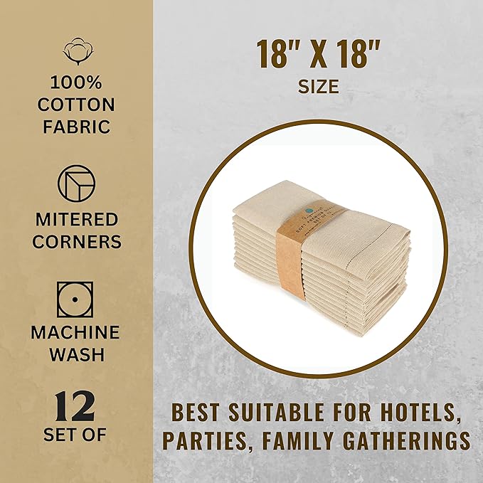 Fingercraft Cloth Napkins, Dual Color Hemstitched Design Dinner Napkins, Everyday Use,Premium Quality Cotton Napkins Perfect for Parties Dinners Weddings Christmas Set of 12, 20 inch Ivory White