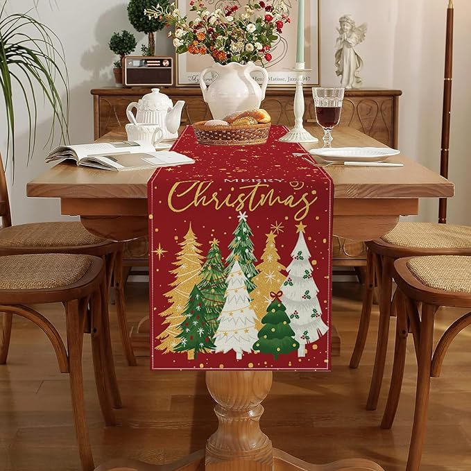 Christmas Decorations - Merry Christmas Table Runner 13x72 Inch,Xmas Trees Snowflakes Table Runner for Holiday Seasonal Winter Decoration Indoor Outdoor Party