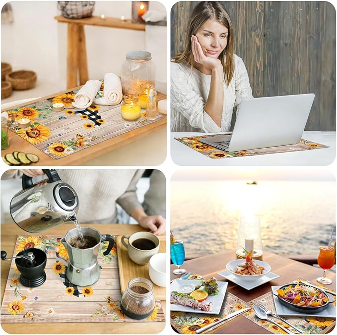 comfoyar Summer Sunflower Gnome Placemats Set of 4, 12x18 Inch Non-Slip Linen Daisy Floral Bee Place Mats, Washable Absorbent Table Mats for Kitchen Dining Party Table Decoration