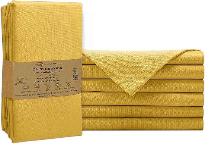 Ruvanti Cloth Napkins Set of 6, 100% Cotton High GSM 18x18 Inches Soft, Washable, Highly Durable & Absorbent, Perfect for Parties, Christmas, Thanksgiving Dinners – Spicy Mustard