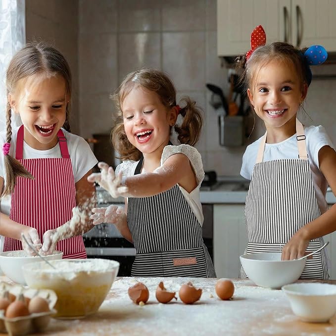 3 Pack Stripes Kids Apron, Adjustable Kids Cooking Aprons with 2 Pockets, Cute Chef Baking Aprons for Boys and Girls