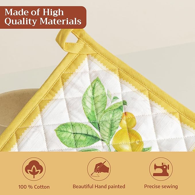 Maison d' Hermine Pot Holders 100% Cotton Heat Resistant Potholders 8" x 8" Hot Pads with Loop BBQ Cooking Baking Gifts for Mothers Day Handling Hot Pans Spring/Summer (Pack of 2, Limoncello)