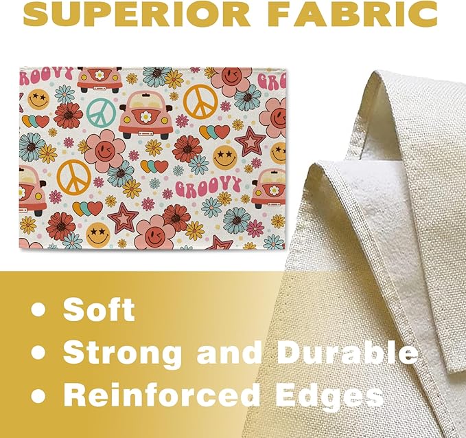 Groovy Hippie Daisy Flower Placemats Set of 4, Vintage Bus Floral Peace Love Hearts Dining Place Mats Table Decor, Retro Smiley Face Home Kitchen Decoration 12''x18''