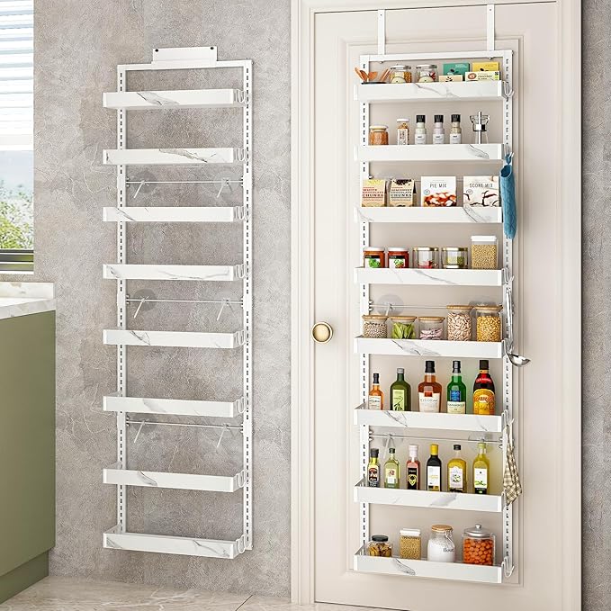 bukfen Over the Door Pantry Organizer, 8-Tier Adjustable Basket Kitchen Pantry Door Organization and Storage, Heavy-Duty Metal Hanging Kitchen Spice Rack, D6.3 x W17.32 x H66.93 inch, 1 Pack
