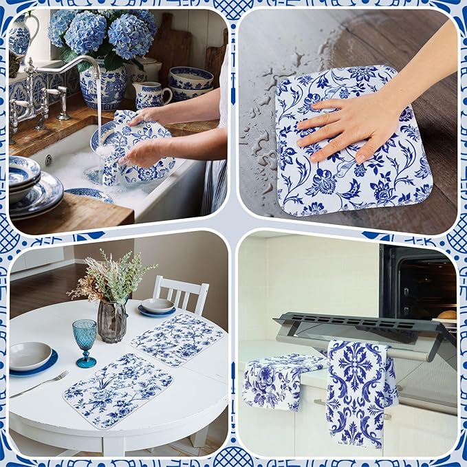 Tinlade 36 Pack Reusable Cleaning Cloths Washable Cotton Kitchen Towels Bulk 11.81 x 9.84 Inches Absorbent Dish Towels Roll for Home Kitchen Cleaning Supplies 12 Styles (Swedish Blue Floral)