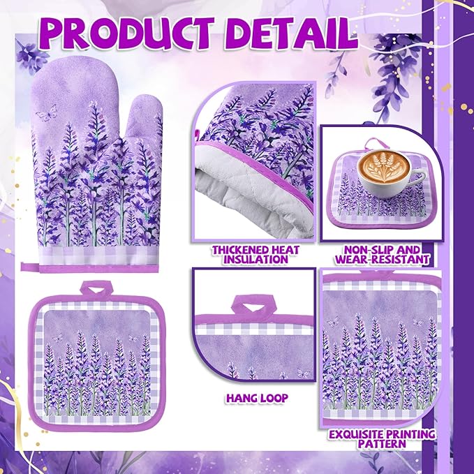 VitalCozy 10 Pcs Lavender Kitchen Decor Lavender Kitchen Towels and Rugs Oven Mitts and Pot Holders Set Hand Towels Purple Decorative for Baking Cooking BBQ