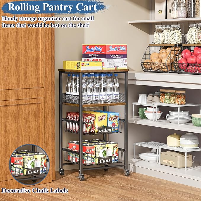 OKZEST 4 Tier Rolling Cart with Drawer Baskets, Metal Utility Storage Cart with Wheels and Wood Top for Living Room, Kitchen, Home Office, Bedroom, Pantry, Baby Essential, Makeup, Snack, Craft, Black