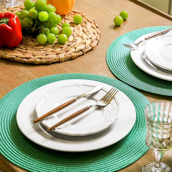 FunWheat Round Braided Placemats Set of 4 Table Mats for Dining Tables Woven Washable Non-Slip Place mats 15 inch(Holly Green, 4pcs)