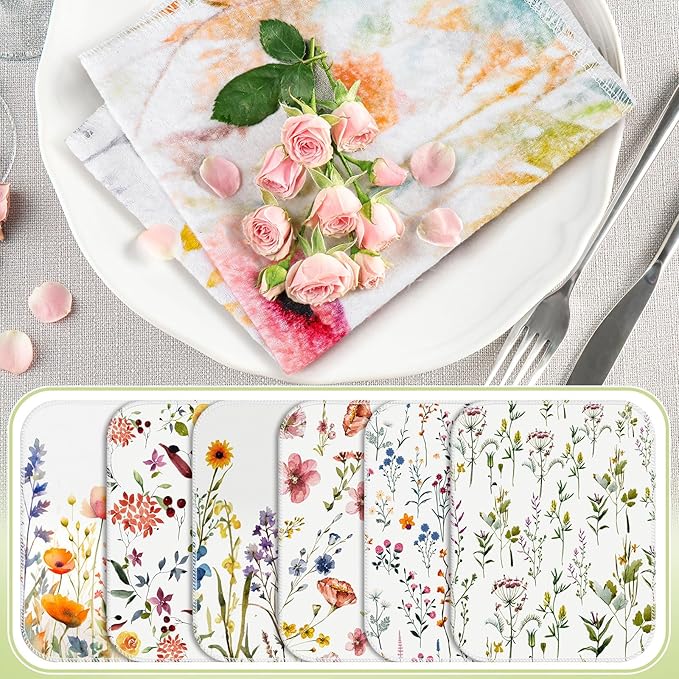 6 Pack Reusable Cleaning Cloths Washable Cotton Kitchen Dish Towels for Home Party Supplies Bulk, 9.84x11.81in (Wildflowers)