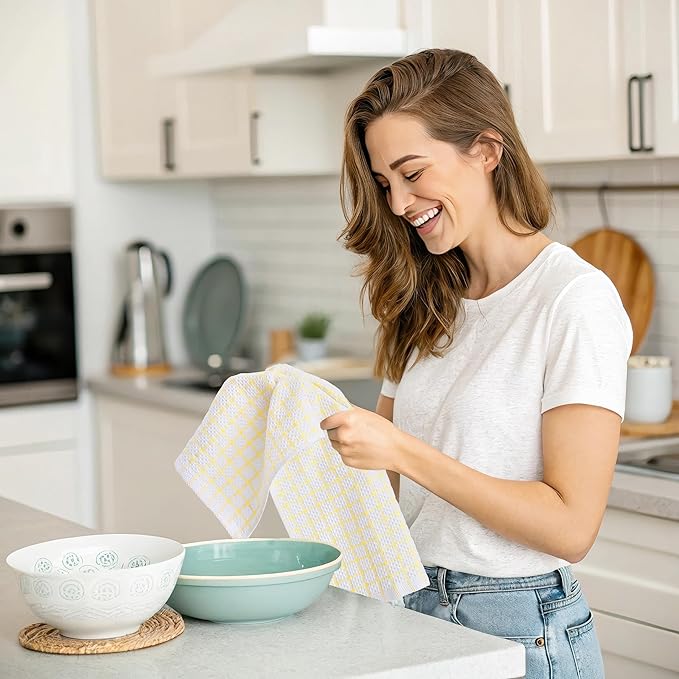 Homaxy 100% Cotton Kitchen Towels 4 Pack-15 X 25 Inches, Check Design Waffle Weave Hand Tea Towels, Super Soft and Absorbent Dish Towel for Drying Dishes, Yellow