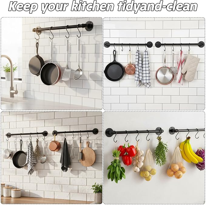 2 Pcs 21 Inch Wall Mounted Pot Rack, Black Iron Industrial Pipe Pan Hanger with 10 Hooks, Kitchen Utensil Organizer and Storage Solution for Pots, Pans and Lids