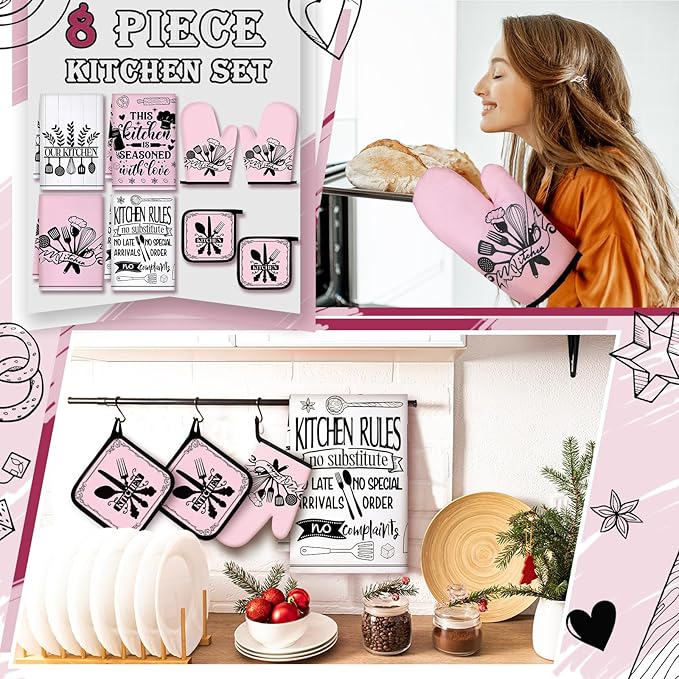 Leinuosen 8 Pcs Kitchen Towels and Oven Mitts Sets Pot Holders Dishcloths Set Kitchen Decorative Accessories Absorbent Potholders Heat Resistant for Chef Baking Cooking