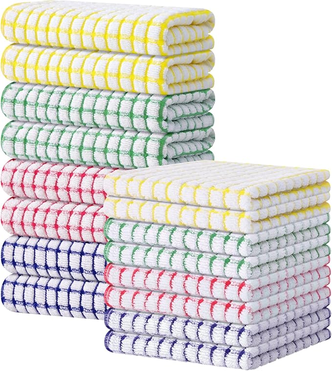 Kitinjoy Cotton 16 Pack Kitchen Towels and Dishcloths Sets, 16 x 25 Inch & 12 X 12 Inch Dish Towels Bulk, Super Soft and Absorbent Hand Towels for Kitchen Drying, Mixed Color