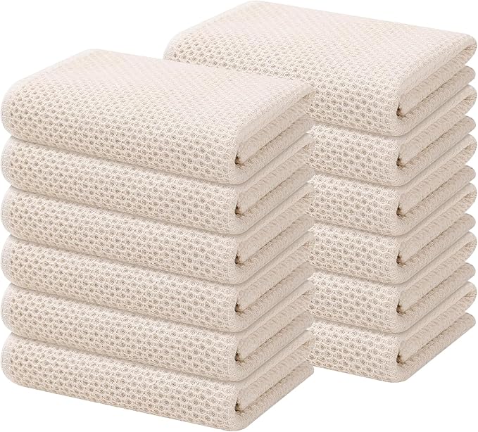 Kitinjoy 100% Cotton Waffle Weave Kitchen Hand Towels (13 X 28 Inches, Beige), 12-Pack Super Soft and Absorbent Dish Towel for Drying Dishes