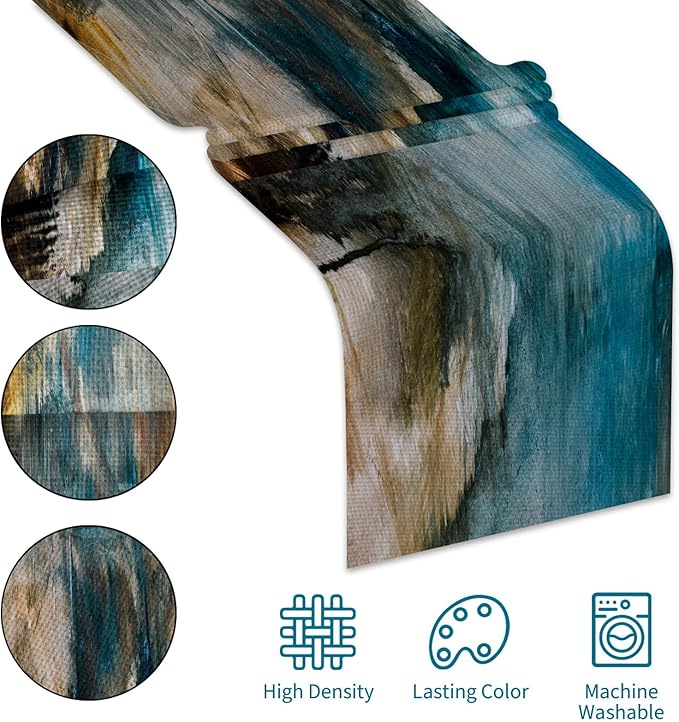 Teal Black and Brown Table Runners Rustic Farmhouse Linen Table Runners Abstract Modern Art Coffee Table Runner for Kitchen Dining Table Home Party Decor (Teal Brown, 13"x 71")