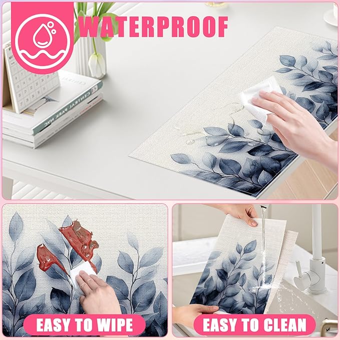 Spring Blue Leaves Placemats Set of 6,12x18 Inch Eucalyptus Leaves Linen Place Mat Washable Stain Resistant Table Mats for Summer Seasonal Farmhouse Kitchen Party Home Decor