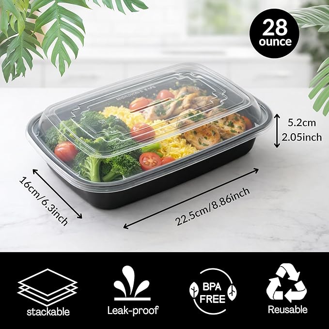 50-Pack 28 Oz Meal Prep Containers With Lids, to Go Food Containers BPA Free, Stackable, Leak Resistant, Bento Box, Microwave, Dishwasher, Freezer Safe