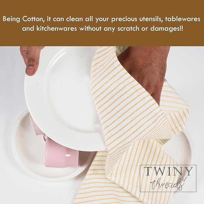 TWINY threads Set of 4 Vintage Stripe Kitchen Towels (18x26 Inches) Premium Tea Towels with Hanging Loop, Highly Absorbent 100% Cotton Bulk Kitchen Hand Towels for Drying Cleaning - Mustard Yellow