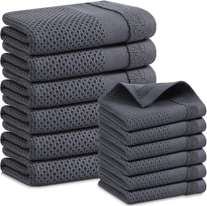Homaxy Kitchen Towels and Dishcloths Set, 12 x 12 and 13 x 28 Inches, Set of 12 100% Cotton Waffle Weave Kitchen Towels, Super Soft and Absorbent Dish Cloths, Dark Grey