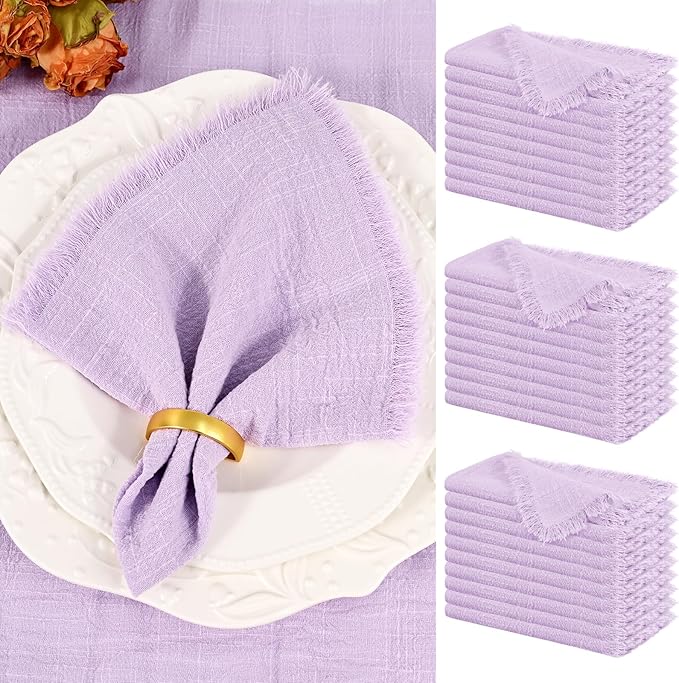 Showgeous 30 Pack Lavender Cloth Napkins with Fringe 16x16 inch 100% Cotton Purple Napkins Handmade Dinner Napkins Bulk Washable Soft Rustic Table Napkins for Wedding Parties Bridal Baby Shower