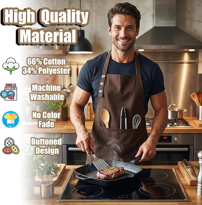 TOSHE Kitchen Apron Waterdrop Resistant Cotton Apron with adjustable Aprons for Women with Pockets 12 Color option Cooking Brown Apron (Brown)