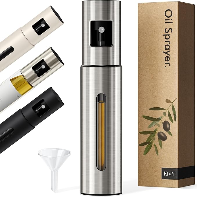 KIVY Glass Oil Sprayer for Cooking– Precise Oil & Vinegar Spray Bottle Oil Mister Spray Bottle for Food – Includes Funnel – Perfect for Cooking & Air Fryer (Brushed Stainless Steel)
