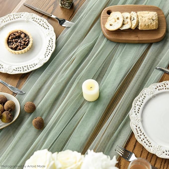 Artoid Mode Sage Green Gauze Table Runner 120 Inch 10FT, Seasonal Sheer Kitchen Dining Holiday Wedding Birthday Baby Shower Table Decor for Home Party
