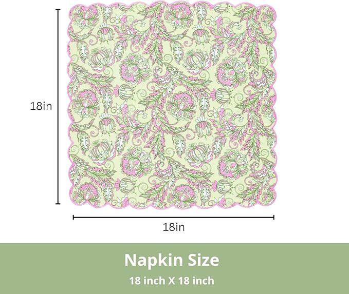 PurpleEssences Scalloped Embroidery Kalamkari Cloth Napkins - Spring Easter Summer - Table Decor - 100% Cotton - Set of 4-18x18 inch - Sage Green Edges - Blush Pink