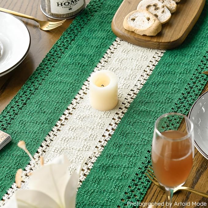 Artoid Mode Dark Green Farmhouse Rustic Table Runner, Seasonal Hollow Kitchen Dining Table Decoration for Home Party Decor 12x108 Inch