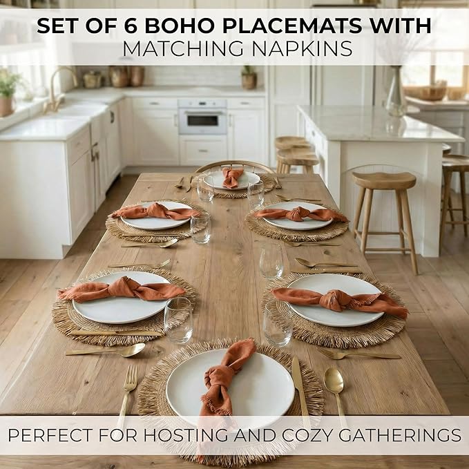 Decorative Boho Table Placemats Set of 6 with Matching Linen-Textured Napkins - Beautiful Natural Decor Elevates Your Dining Room or Kitchen Setting - Easy to Style & Mix with Linen Inspired Material