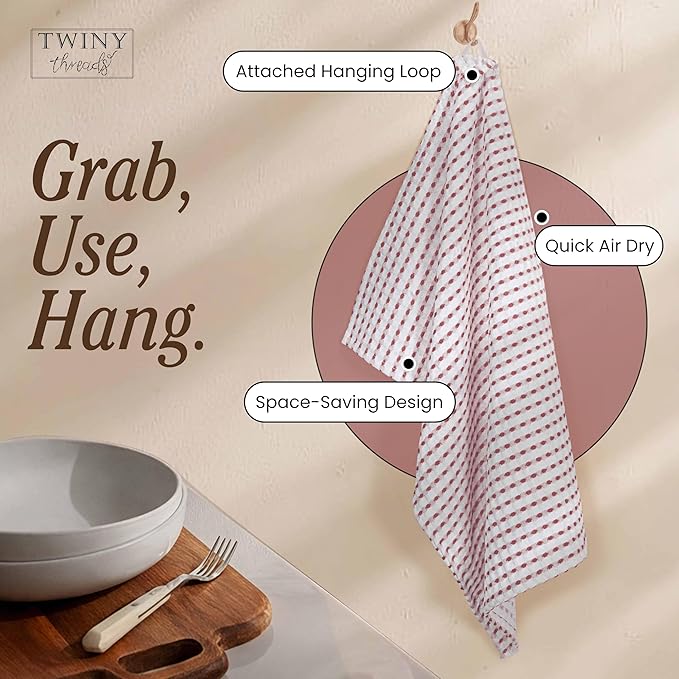 TWINY threads Waffle Kitchen Towels 100% Cotton Set of 4, Ultra Absorbent Dishcloth Set, Absorbent, Quick Dry & Soft Waffle Texture Cloths for Drying Dishes & Household Cleaning, Rust & White