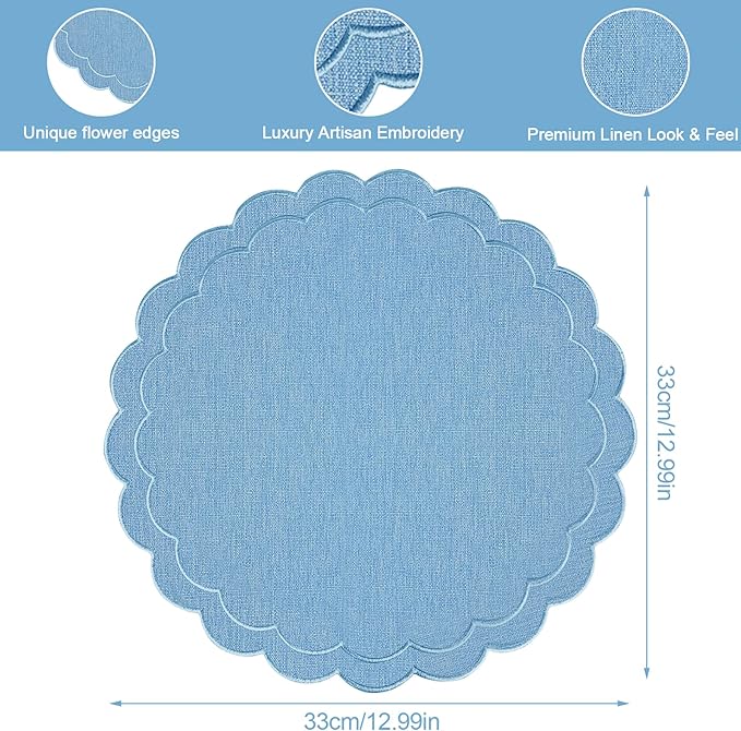 Set of 6 Blue Cotton Linen Placemats, 15x15 Scalloped Flower Embroidery Cloth Table Mats Double Layered Fabric Machine Washable Wrinkle Free Dining Placemat for Hotel Restaurant Kitchen Decor