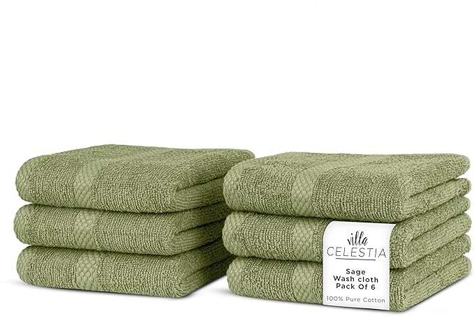 100% Cotton Wash Cloth for face & Body Set of 6, (12 x 12 inches) Sustainable, Soft, Highly Absorbent, Combed Cotton Wash Cloths Pack of 6 for Hotels, Spa, Bathroom, Dorm, Sage