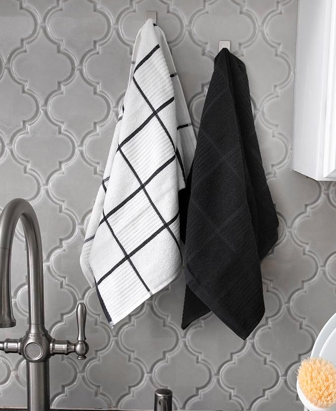 T-Fal Solid & Checked Parquet Kitchen Towels: Highly Absorbent, Super Soft Long Lasting - 100% Cotton, 16"x26" Dish Towels for Cleaning & Drying Dishes, Pans, Glassware, Countertops, 6-Pack, Charcoal