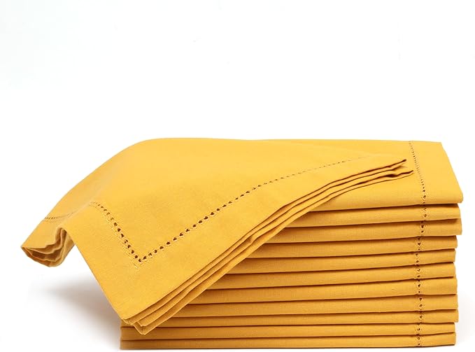 Lightnpro Decorative Cloth Dinner Napkins with Hemstitched, Wedding, Cocktail & Party Napkins, Mitered Corners, Machine Washable, 12 Elegant Table Napkins for Special Occasions - 18x18 Inch Mustard