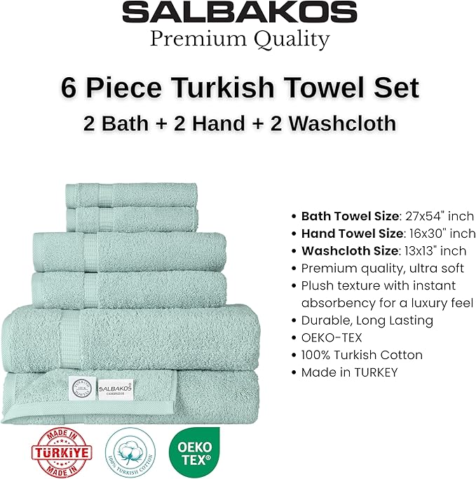 SALBAKOS 100% Turkish Cotton Bathroom Towel Set of 6 | Premium Quality Turkish Bath Towel Set for Gift | Experience Spa Comfort Every Day | Oeko-Tex, Made in Turkey (Seafoam Green, 6 Piece Towel Set)