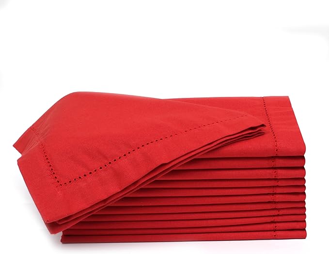 Lightnpro Christmas Red Cotton Napkins Set of 12, Beautiful Handmade Hemstitched Dinner Cloth Napkins, Washable and Reusable for Dining, Parties, Weddings, Holiday & Everyday Use - 18x18 Inch Red