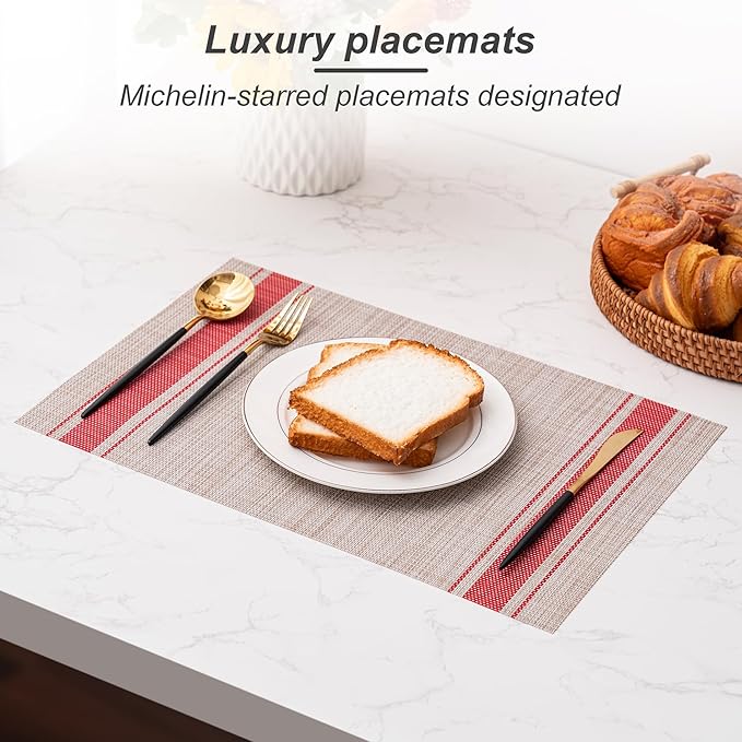 CADONO Placemats Set of 4 Washable Indoor/Outdoor Vinyl Place Mats for Dining Table Durable Non-Slip Heat Resistant PVC Weave Table Mats（Stripes-Red）