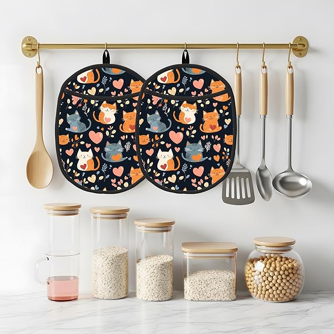 Cat Heart Silicone Pot Holders Set of 2, Heat Resistant up to 500°F, Non-Slip Kitchen Hot Pads with Pocket and Soft Quilted Cotton Lining for Baking, Cooking and Hot Pots